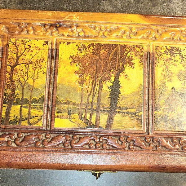 Stunning, Vintage Carved Cedar Wood Jewelry Box. Hinged With Mirror.