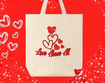 Love Above All Beige Canvas Tote Bag: Inspirational Hearts Graphic