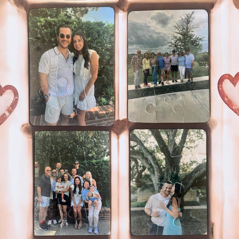 set of 4 custom 12-piece cardboard puzzles featuring happy engaged couple celebrating with family