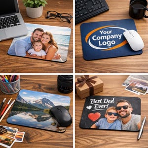 May include: Four rectangular mouse pads with different designs. One features a family photo, another has a company logo, a third displays a mountain lake scene, and the last says "Best Dad Ever!" with a photo.