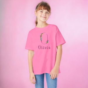 Floral Name Embroidered T-Shirt - Youth Girl Personalized T-Shirt - Girl Floral T-Shirt -  Girl Monogram Embroidered T-Shirt - Letter + Name