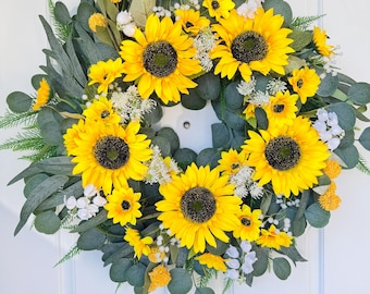 Sunflower Wreath with Baby’s Breath and Lily of the Valley, Summer Sunflower Door Wreath, Yellow Farmhouse Floral Wreath, Front Door Decor