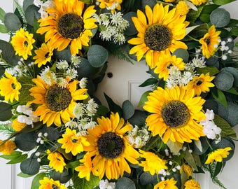 Sunflower Wreath with Baby’s Breath and Lily of the Valley, Summer Sunflower Door Wreath, Yellow Farmhouse Floral Wreath, Front Door Decor