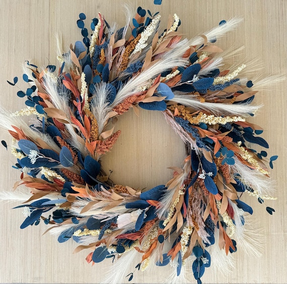 Blue & Orange Fall Wreath – Eucalyptus, Berry, Pampas Grass Decor