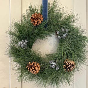 May include: A green pine wreath with brown pinecones and silver berries, suspended by a navy blue ribbon. The wreath is a circular arrangement of evergreen needles, perfect for seasonal decor.