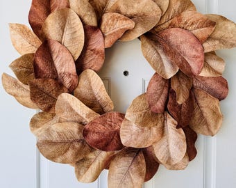 Fall Magnolia Wreath, Neutral Autumn Door Decor, Farmhouse Thanksgiving Leaf Wreath