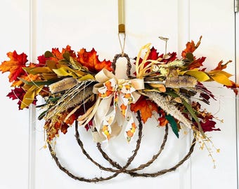 Pumpkin Shaped Fall Wreath: Rustic Autumn Harvest Decor