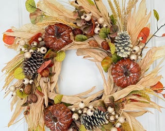 Fall Corn Husk Wreath: Rustic Pumpkin, Pinecone Harvest Decor