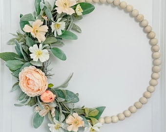 Wooden Bead Wreath with Lambs Ear, Cosmos, Peony or Ranunculus - Modern Farmhouse