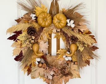 Cascading Fall Pumpkin Wreath with Velvet Bow | Autumn Front Door Wreath | Harvest Thanksgiving Decor