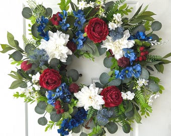 Patriotic Red White Blue Wreath, 4th of July Front Door Wreath, Americana Floral Wreath, Independence Day Decor, Summer Door Wreath