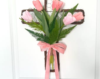 Tulip Cross Wreath: Real Touch Easter Door Hanger with Pink Velvet Bow