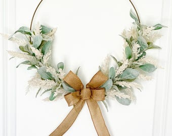 Lambs Ear Pampas Wreath withbow: Gold Hoop, Farmhouse Style
