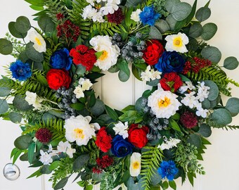 Patriotic Red White Blue Wreath, 4th of July floral Wreath, Independence Day Front Door Decor, Americana Summer Wreath 22 26 30 Inch