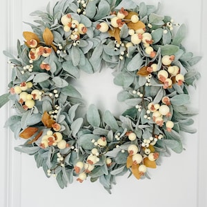 Lamb’s Ear and Cream Berry Wreath – Neutral Farmhouse front Door wreath -yearround wreath-fall wreath-autumn wreath-mantel wreath