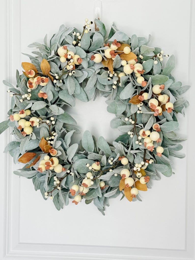 Lamb’s Ear and Cream Berry Wreath – Neutral Farmhouse front Door wreath -yearround wreath-fall wreath-autumn wreath-mantel wreath image 1