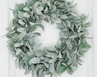 Lamb's Ear Wreath: Farmhouse Greenery Wreath, Year-Round Decor Farmhouse Lambs Ear Wreath, Neutral Greenery Front Door Wreath
