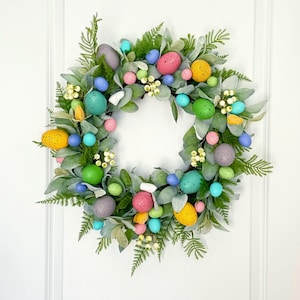 Pastel Easter Egg Wreath: Lamb&#39;s Ear Spring Door Decor