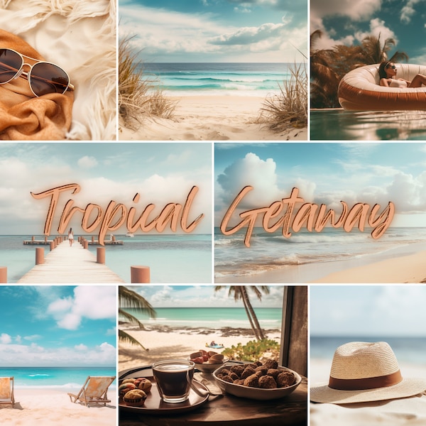 Stock Photos Tropical Getaway, 30 vacation images in Earth tones and Terracotta hues, PNG JPG