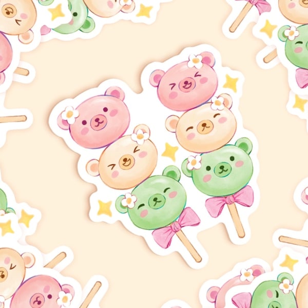 dango vinyl sticker - kawaii die cut sticker - cute japanese snacks kawaii bear cherry blossoms - waterproof die cut sticker