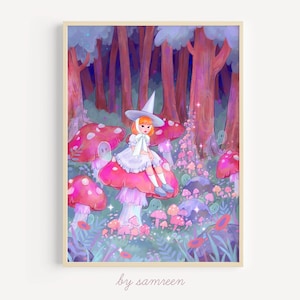 きのこの魔女アートプリント - 水彩イラスト | 魔法のきのこの森の居心地の良い壁アート魔女の装飾コテージコアハロウィーンホームデコレーションギフト