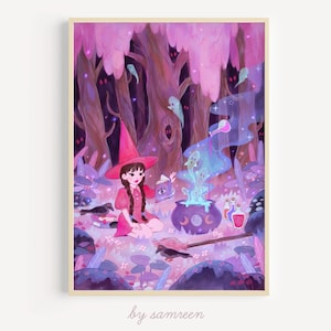 Impresión artística de bruja del bosque - ilustración de acuarela / arte de pared acogedor de bosque mágico, decoración de brujas, estética cottagecore, decoración del hogar, regalo de Halloween