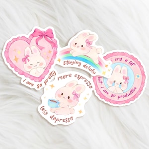 coquette bunny vinyl sticker pack of 4 - coquette die cut stickers - pink coquette aesthetic sticker pack - waterproof die cut stickers