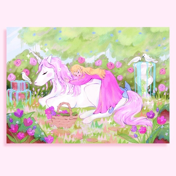 nap time art print - watercolor illustration | dreamy unicorn cottagecore fantasy art cozy wall art aesthetic room decor fairycore gift