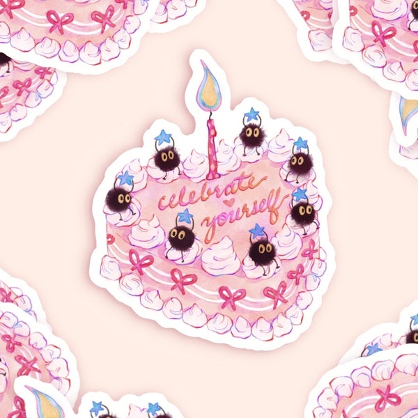 celebrate yourself vinyl sticker - soot sprites birthday cake die cut sticker - spirited away studio ghibli - waterproof die cut sticker