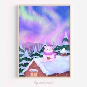 Impresión artística de la aurora boreal: ilustración de acuarela / oso kawaii mirando las estrellas, aurora boreal, arte estético de pared, decoración acogedora para el hogar, lindo regalo