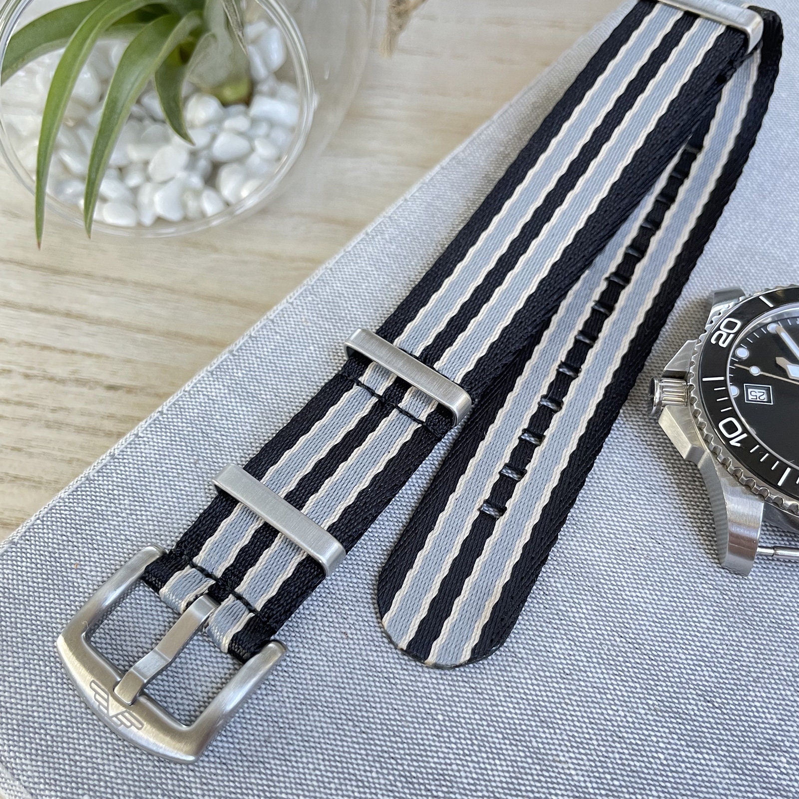 Premium Adjustable Single-Pass Nato Strap Black/Blue WB Original