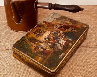 Vintage Belgian Jacques chocolate tin, beautiful metal box with lithograph of a Flemish master painting