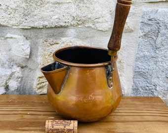 Antique English Copper Milk Pot, Copper Ladle with Wooden Handle and Spout, Beautiful Copper Wrought Iron Pot, Rustic Decor for your Home