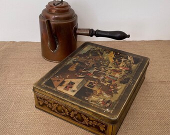 Vintage cookie tin with a reproduction of Pieter Bruegel's painting "Proverbs", produced by DBF