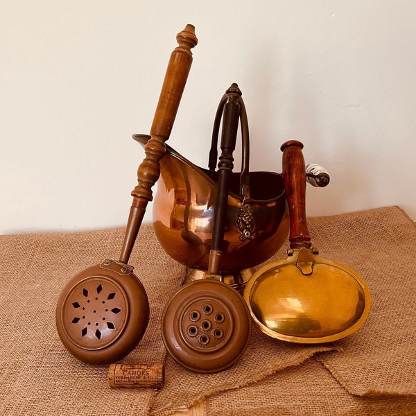 Three Charming French Copper Pots, Copper Warmers with Turned Wood Handles and Openwork Lids, Vintage Copper Treasure, Rustic Wall Decor