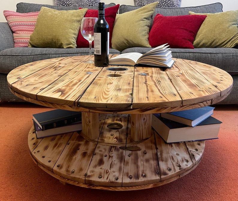 Circular Round Reclaimed Cable Reel Coffee Table With Shelf Etsy