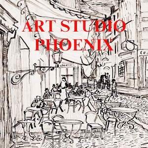 May include: A black and white sketch of a Parisian street scene with outdoor seating at a cafe. The text "ART STUDIO PHOENIX" is written in red letters across the top of the image.