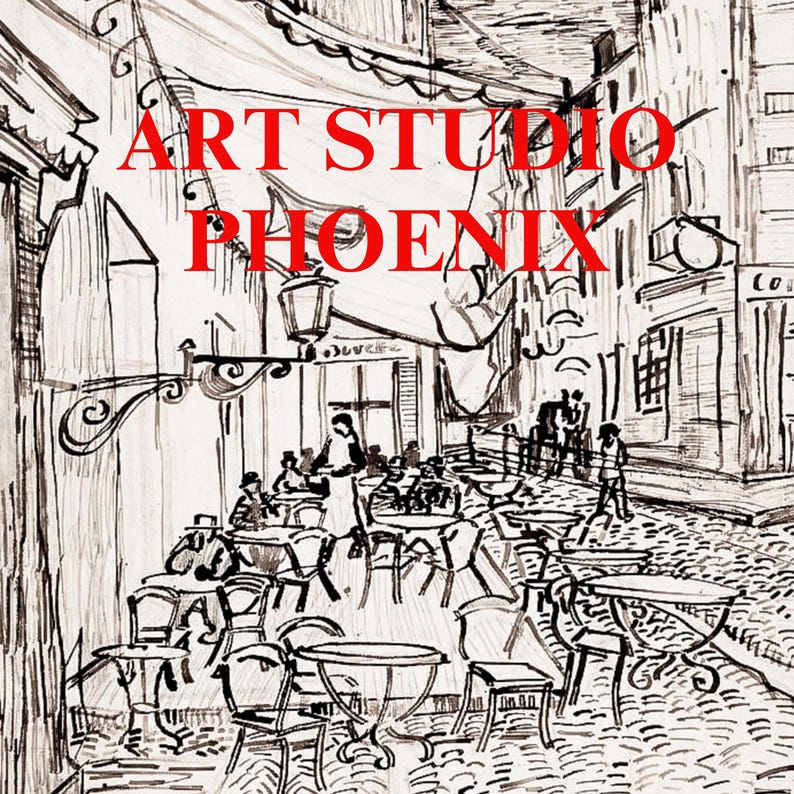 May include: A black and white sketch of a Parisian street scene with outdoor seating at a cafe. The text "ART STUDIO PHOENIX" is written in red letters across the top of the image.