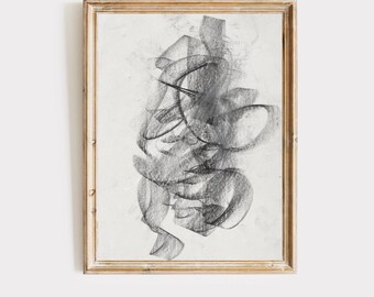 Vintage Charcoal Sketch, Abstract Face Drawing, Wabi Sabi Modern Parisian Art, Dark Academia, Digital Download