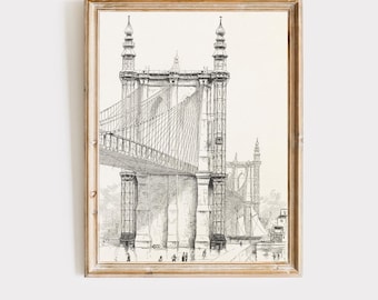 Vintage Brooklyn Bridge Sketch | NYC Architecture Print, Manhattan Wall Art | Quiet Luxury Digital Download