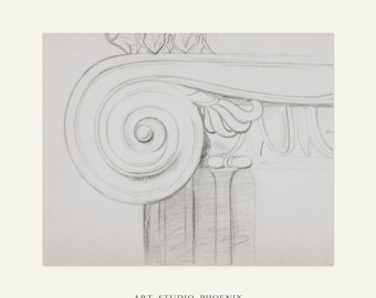 Vintage Architectural Print | Greek Ionic Column Sketch | Old Money Decor | Dark Academia Art | Digital Download