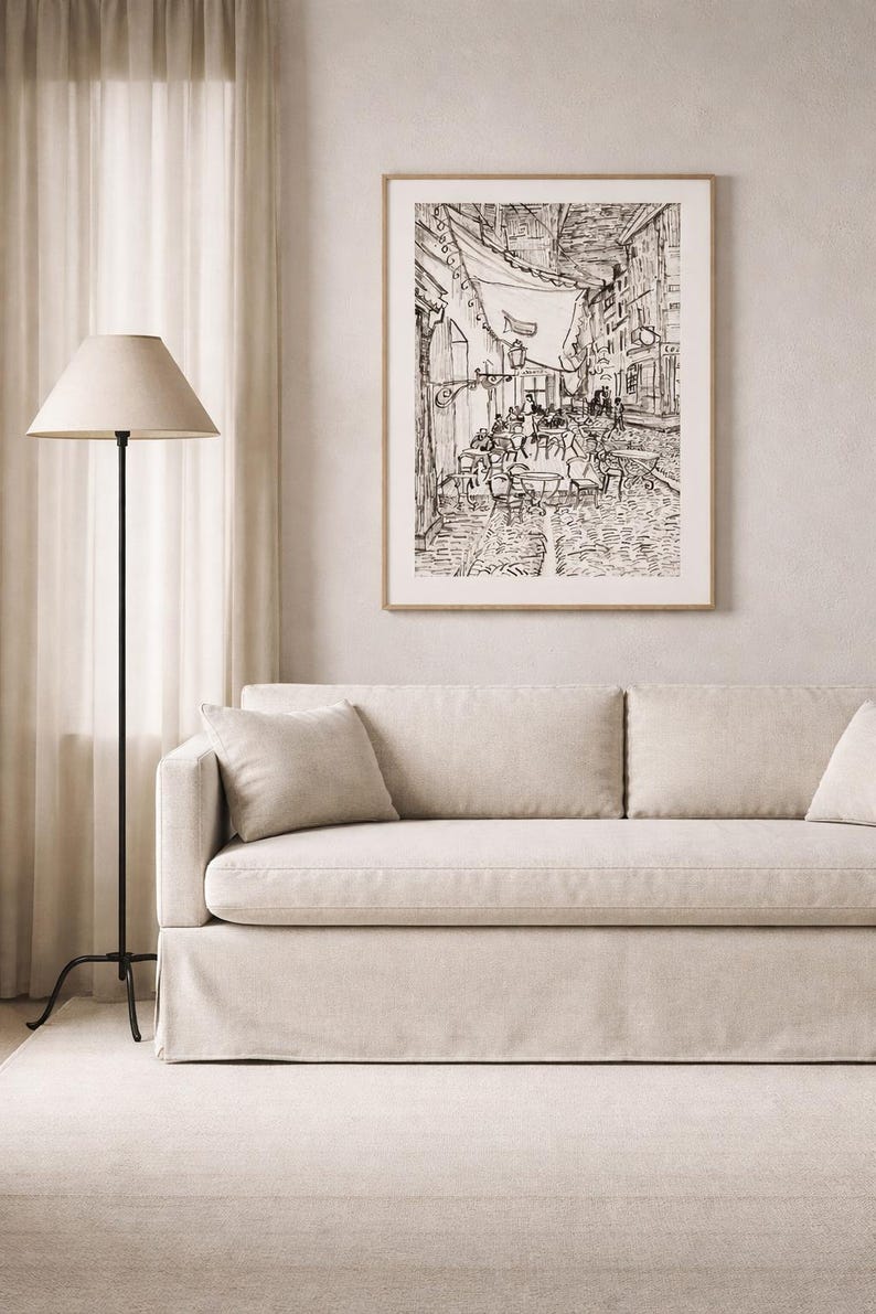 Vintage Van Gogh Sketch Print | Cafe Terrace at Night, Parisian Wall Art | Dark Academia Decor | Digital Download image 5