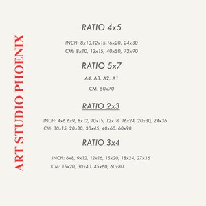 May include: A white background with black text listing different ratios for art prints. The ratios are 4x5, 5x7, 2x3, and 3x4. The text also includes the corresponding measurements in inches and centimeters.