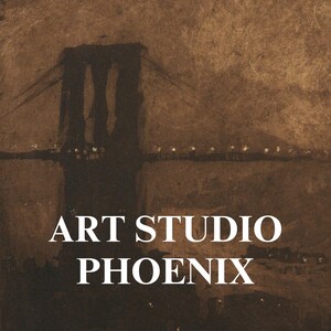 May include: A brown and black watercolor painting of a bridge with the text "ART STUDIO PHOENIX" below it.