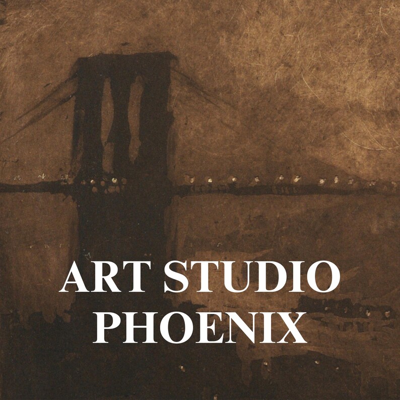 May include: A brown and black watercolor painting of a bridge with the text "ART STUDIO PHOENIX" below it.