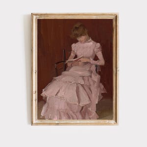 Woman Reading Art Print | Vintage Impressionist Pink Dress | Downloadable Art