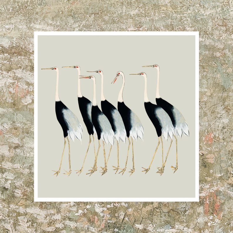 Vintage Japanese Cranes Print | Sage Green Wall Art | Japandi Wabi Sabi ...