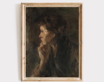 ムーディーな女性の肖像画プリント、ダークなヴィンテージ油絵ウォールアート、寝室の装飾、ダークアカデミア、シェルベックスタイル、デジタルダウンロード