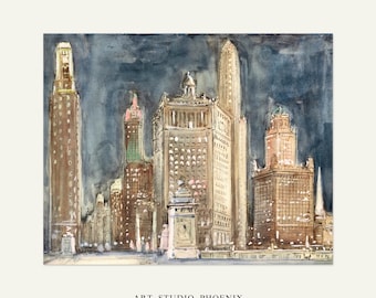 Aquarelle vintage de la ligne d'horizon de Chicago | Impression de nuit Wrigley Building | Art mural Magnificent Mile | Téléchargement numérique