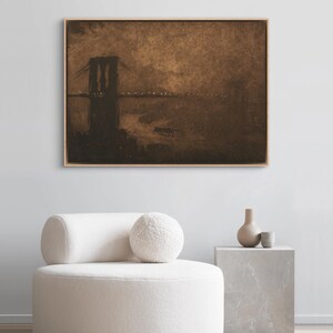 May include: A sepia-toned painting of the Brooklyn Bridge at night, with the bridge silhouetted against a dark sky. The water below the bridge is dark and still, with a few lights reflecting on the surface.